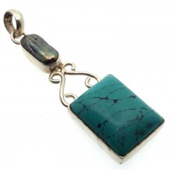 Turquoise Howlite and Biwa Pearl Indian Silver Pendant 01